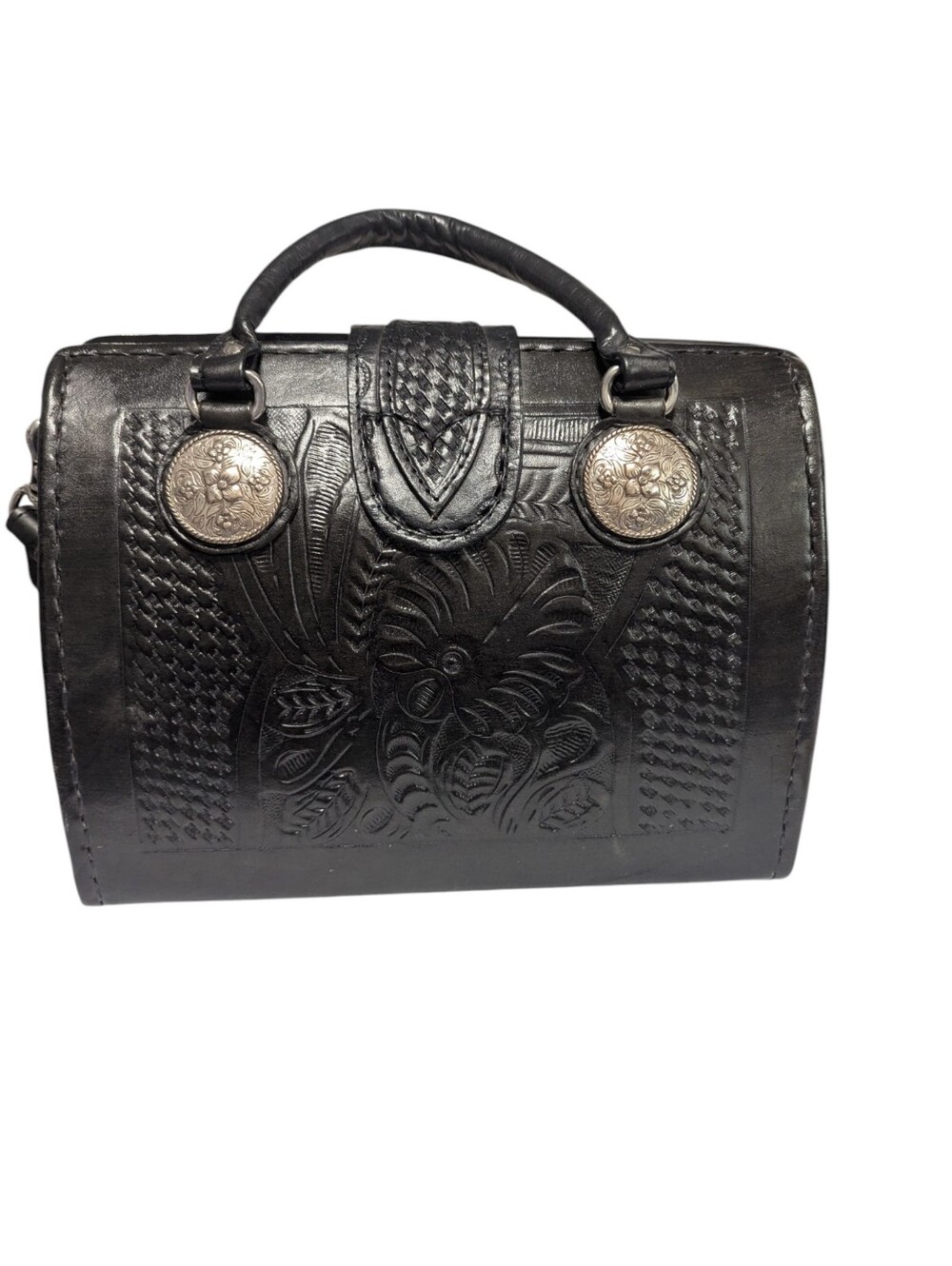 American West Black Western-Style Tooled Leather Satchel - Picture 2 of 10